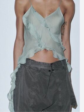 NWT Light Sage Ruffled Satin Cami Top Zara